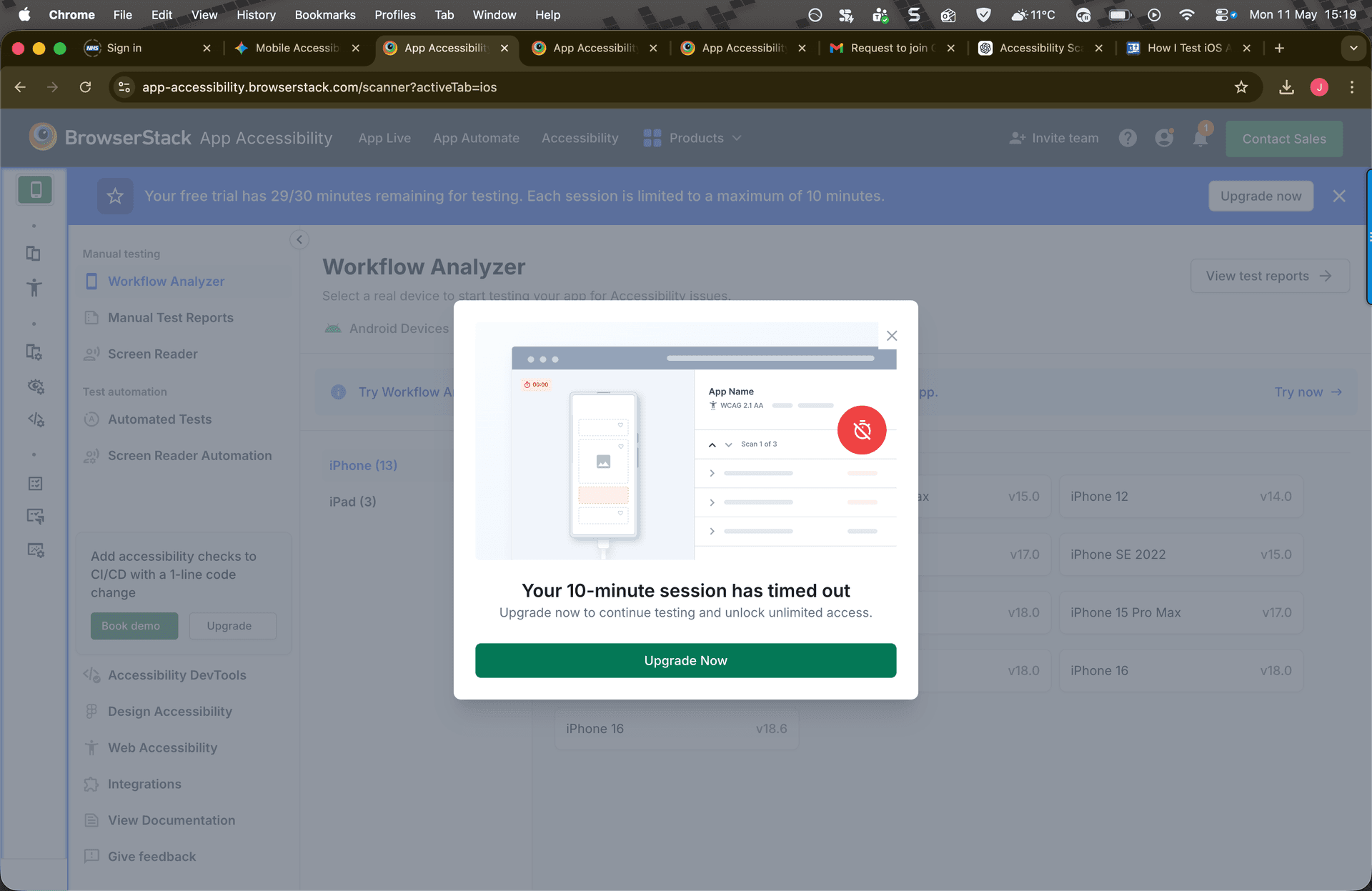 BrowserStack trial timeout message during session